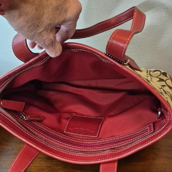 Coach Tan Signature Canvas Tote with Red Leather Trim Vintage K1J-6082 - Picture 12 of 15